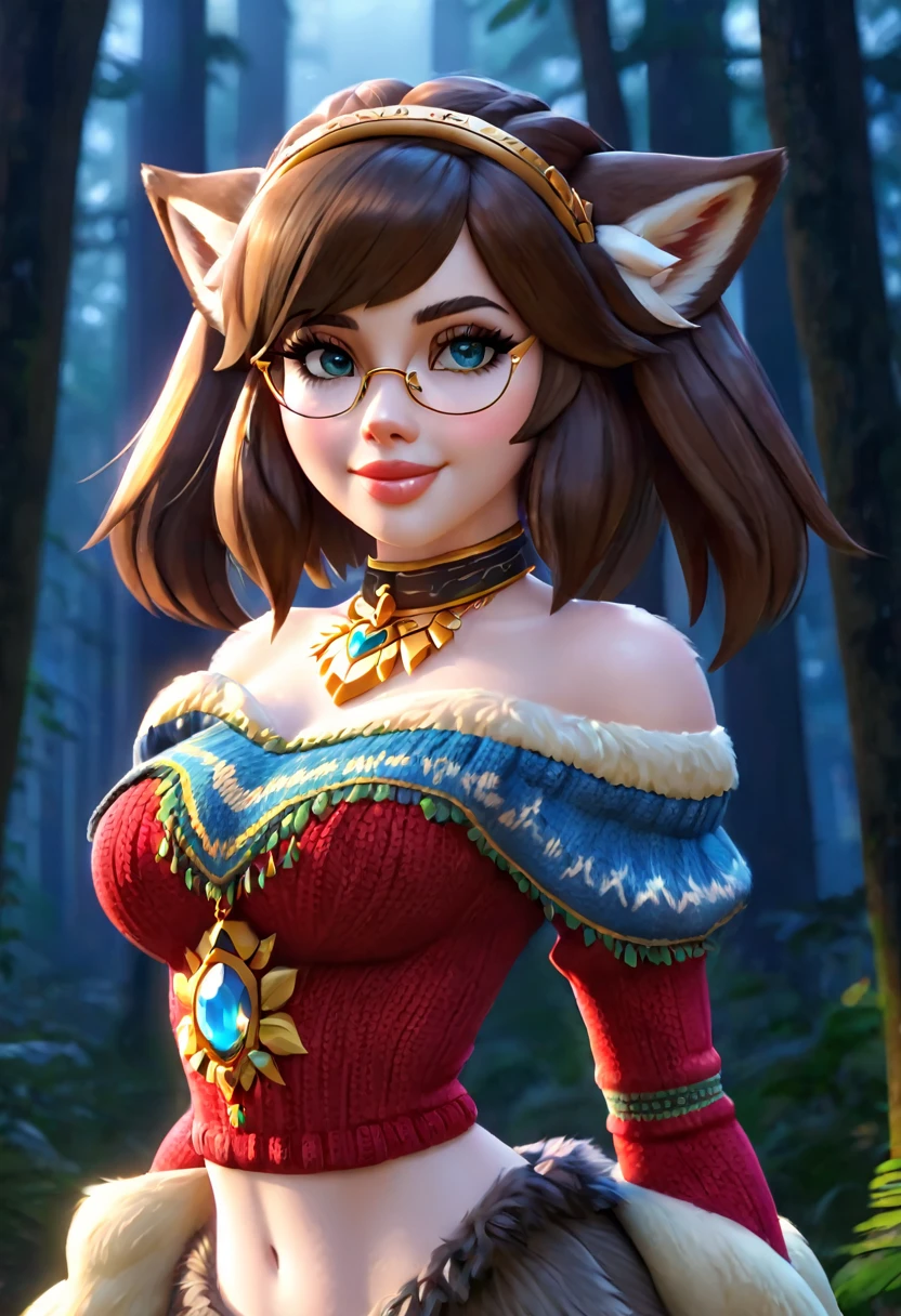 masterpiece, best quality, highly detailed, 1girl, solo, twintails, off-shoulder sweater, choker, large glasses, gold locket, jacket, hairband, looking at viewer, smile, blush, Wide Smile, Eyes Detailed & Wide, sexy Pose. Ultra HD, Rococo-Inspired Fantasy Art With Intricate Details. Cute, Charming Expression, Alluring-Gaze, looking at viewer Beautiful Eyes, An-Ideal-Figure. Large Youthful Well-Shaped-Breasts, Massive-Round-Bosom, Décolletage. slim waist, fit body, full lipsWarm lights , woman in a dreamy forest at night, with fluffy hair, delicate face, realistic, real, slim, large aperture, sexy shots, attractive poses,Stunnin gly beautiful merge of Scarlett Johanson. Alison Brie, Selena Gomez. symmetrical face, photorealistic, photography, path tracing, specular lighting, volumetric face light, path traced hairmaximum quality{(masutepiece) (8K High Resolution) (top-quality) In the style of breath of the wild.