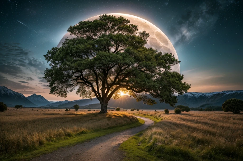 (The landscapes around are epic and grandiose).., filmed in ultra high definition (16K uhd) highlight complex details, (Photorealistic,Ultra realistic, Best quality), resembling a masterpiece of professional photography, (A fascinating sight), (Incredible), (inexplicable), in a surreal setting, (One tree), (very strange tree), (amazing tree), (seems out of this world), (the full moon illuminates), The composition has an ideal anatomy..., shot from a dynamic angle to enhance visual impact. Dramatic lighting accentuates the scene, (ultra detailed photo, HDR, uhd, 16K), (ultra detailed landscape), (scenic professional photography, Raw photo), combination of bright colors,