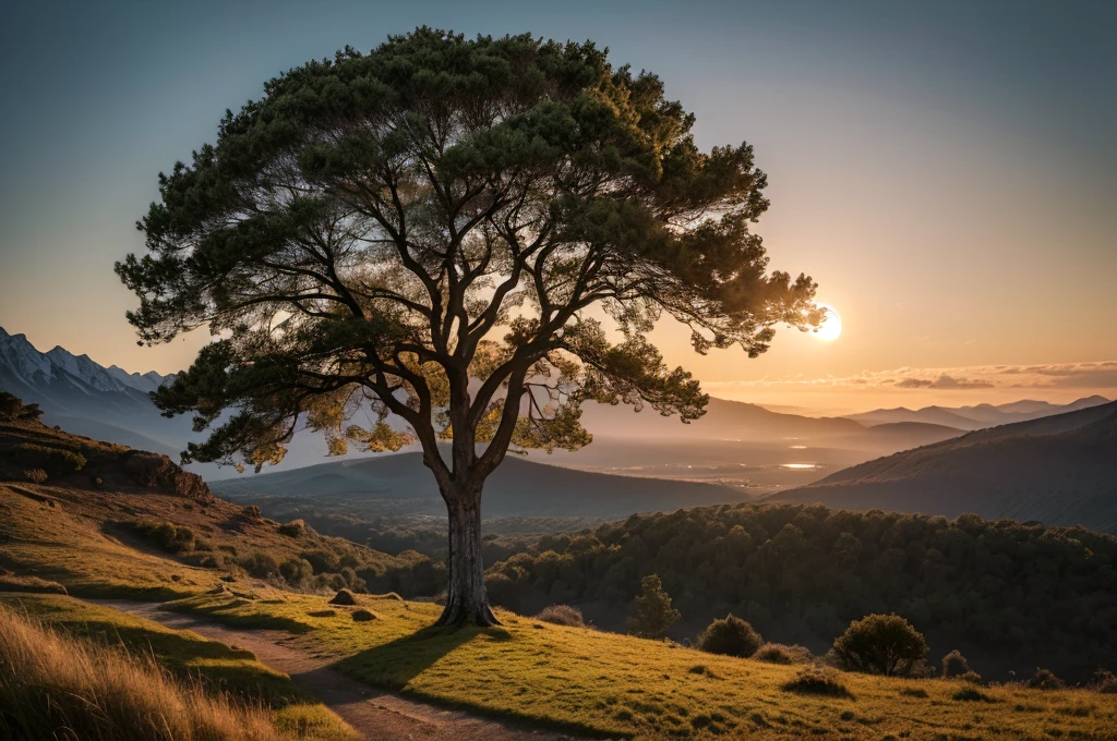 (The landscapes around are epic and grandiose).., filmed in ultra high definition (16K uhd) highlight complex details, (Photorealistic,Ultra realistic, Best quality), resembling a masterpiece of professional photography, (A fascinating sight), (Incredible), (inexplicable), in a surreal setting, (One tree), (very strange tree), (amazing tree), (seems out of this world), (the full moon illuminates), The composition has an ideal anatomy..., shot from a dynamic angle to enhance visual impact. Dramatic lighting accentuates the scene, (ultra detailed photo, HDR, uhd, 16K), (ultra detailed landscape), (scenic professional photography, Raw photo), combination of bright colors,