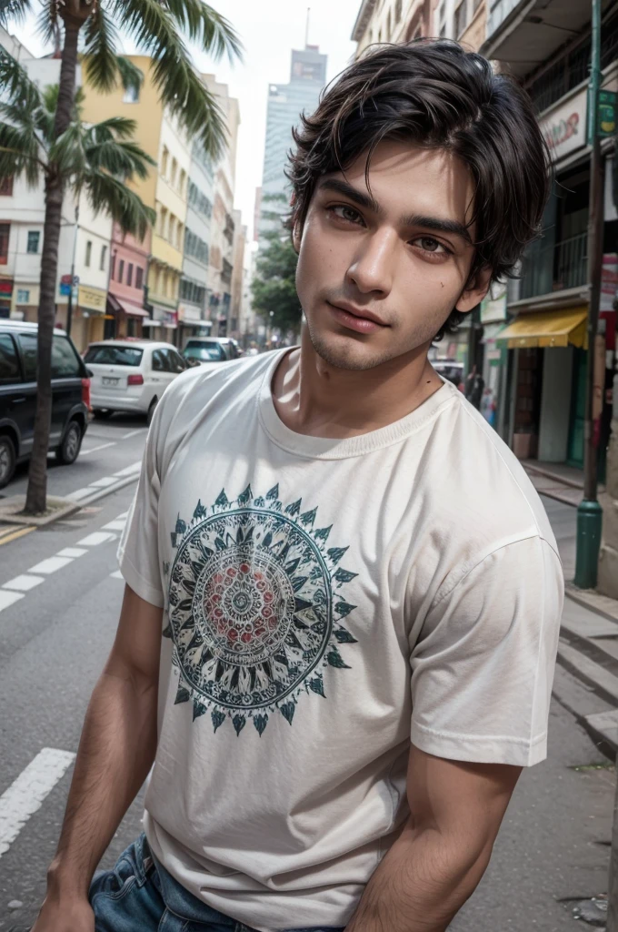 indian colorful mandalas, drawn on Brazilian man model T-shirt in neutral place posing