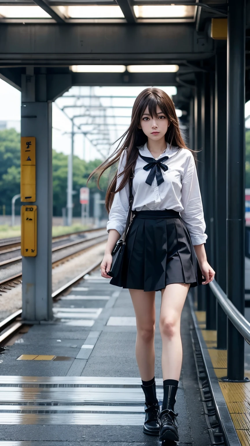 Long haired anime girl walking on train platform, Kantai Collection Style, Railgun, konpeki no kantai, Kantai Collection Arcade, Kantai Collection, Makoto Shinkai style, Cute girl anime visuals, Makoto Shinkai&#39;s art style, Beautiful anime school girl, Anime Style 4k, Official artwork, shinkai makoto