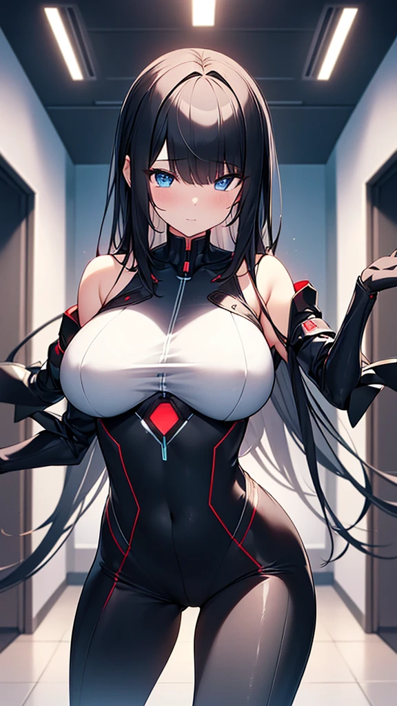 (Highly detailed CG Unity 8k wallpaper,masterpiece, Biological, whole body),(Best lighting, Best Shadow, Very delicate and beautiful),(One girl),blue eyes, Big Breasts, Black Hair,Red and black off-the-shoulder SF bodysuit,Neck Seal,High-tech sci-fi corridor, Dynamic pose, Detailed Machinery, Sleek design., {{An extraterrestrial lifeform preys on girls and takes their place、Her breasts are bigger than a real girl's}}, Unknown sensation, Feels good, Vigorous movement, more, instinct, Female fall, Bouncing chest, ((Intense vaginal sex with a man:1.5)), NSFW