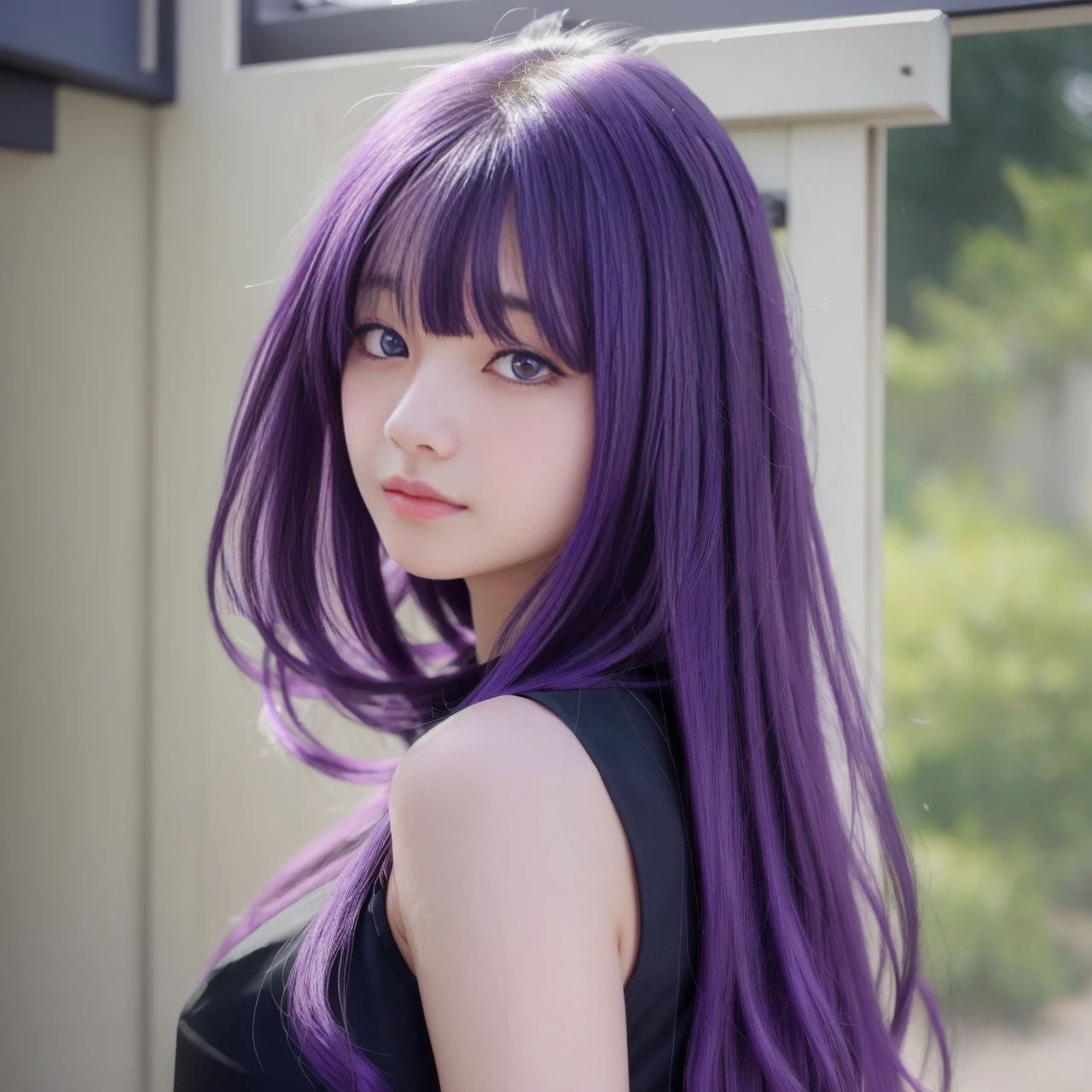 1girl with long hair and black dress standing in front of a door, anime girl wearing a black crop top, (Light purple hair), (Long hair), fair skin, purple eyes, pretty face, big breasts, cute face see-through bangs, (((Perfect))), Thin face, near future, Small face