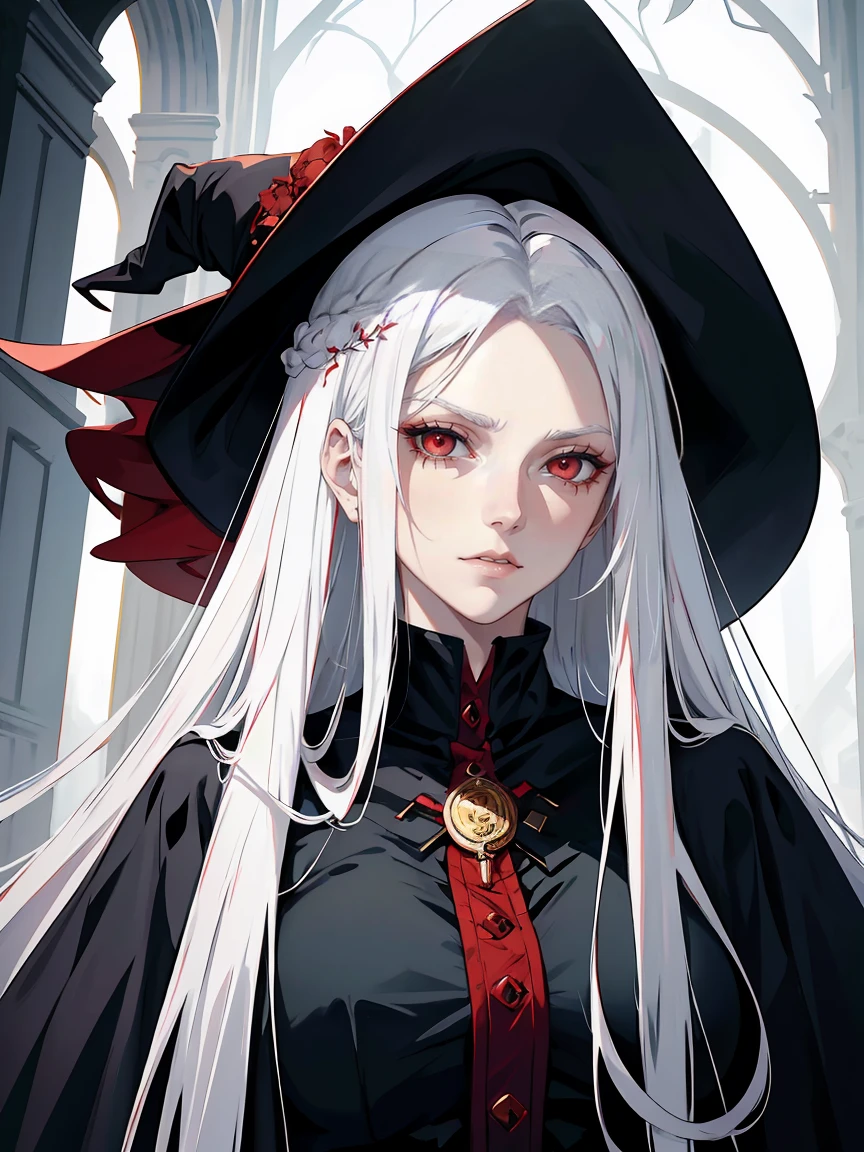 handsome woman,red-eyes,red pupils,Long white hair, grey skin, looks ill, Hyperresolution,accuracy,Detailed rendering,(Subtle facial image)(Image of fine hair)(topquality)(Masterpieces of masters)(High degree of completeness)(A sense of atmosphere)tmasterpiece,Super detailed and super detailed(half-body portrait), large witch hat, ankle length white straight hair, fierce look in her eyes,
