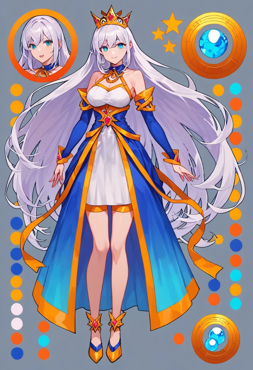 score_9, score_8_up, score_7_up, score_6_up, score_5_up, score_4_up, BREAK source_anime, 1girl, long white hair, light blue skin, eyes like the moon long sunset colored dress, wearing a crown of stars, Creative design, full body, Reference sheet, Character sheet