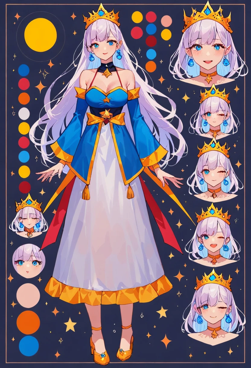 score_9, score_8_up, score_7_up, score_6_up, score_5_up, score_4_up, BREAK source_anime, 1girl, long white hair, light blue skin, eyes like the moon long sunset colored dress, wearing a crown of stars, Creative design, full body, Reference sheet, Character sheet
