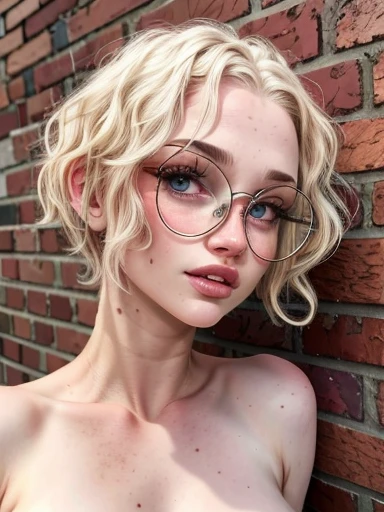 dynamic close-up of the upper part of 1 Extremely slim and beautiful albino woman with freckles, perfect body, shapely face, skin with highly detailed depth, she stands Against a brick wall, (haircut, wavy blonde hair), (detailed eyes, large, bright, light brown eyes, curled eyelashes, large glasses), (making a sensual pout with her mouth), wearing a short sweater showing off her shoulders, ultra realistic image, vibrating and spiky, dynamic vision, high quality 32k, hyper- realistic, cinematic.