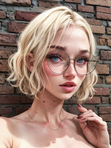 dynamic close-up of the upper part of 1 Extremely slim and beautiful albino woman with freckles, perfect body, shapely face, skin with highly detailed depth, she stands Against a brick wall, (haircut, wavy blonde hair), (detailed eyes, large, bright, light brown eyes, curled eyelashes, large glasses), (making a sensual pout with her mouth), wearing a short sweater showing off her shoulders, ultra realistic image, vibrating and spiky, dynamic vision, high quality 32k, hyper- realistic, cinematic.