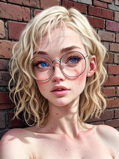 dynamic close-up of the upper part of 1 Extremely slim and beautiful albino woman with freckles, perfect body, shapely face, skin with highly detailed depth, she stands Against a brick wall, (haircut, wavy blonde hair), (detailed eyes, large, bright, light brown eyes, curled eyelashes, large glasses), (making a sensual pout with her mouth), wearing a short sweater showing off her shoulders, ultra realistic image, vibrating and spiky, dynamic vision, high quality 32k, hyper- realistic, cinematic.