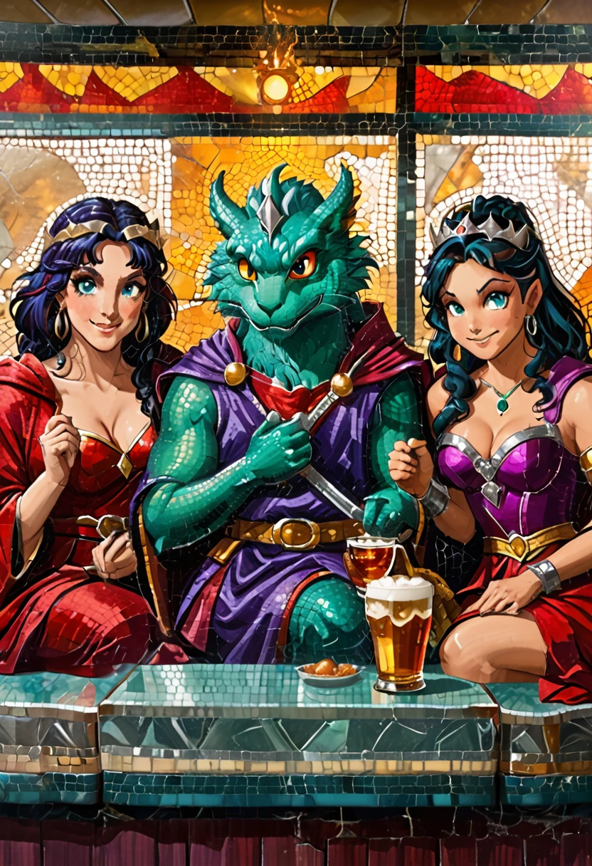 Three magical characters are sitting together in a diner. There is a wizard in a red robe on the left and he is in a bad mood. A witch is sitting in the middle, wearing purple and silver armor, and she has a happy expression on her face. There is a wizard in a blue robe on the right. on his right hand sits a tiny emerald dragon