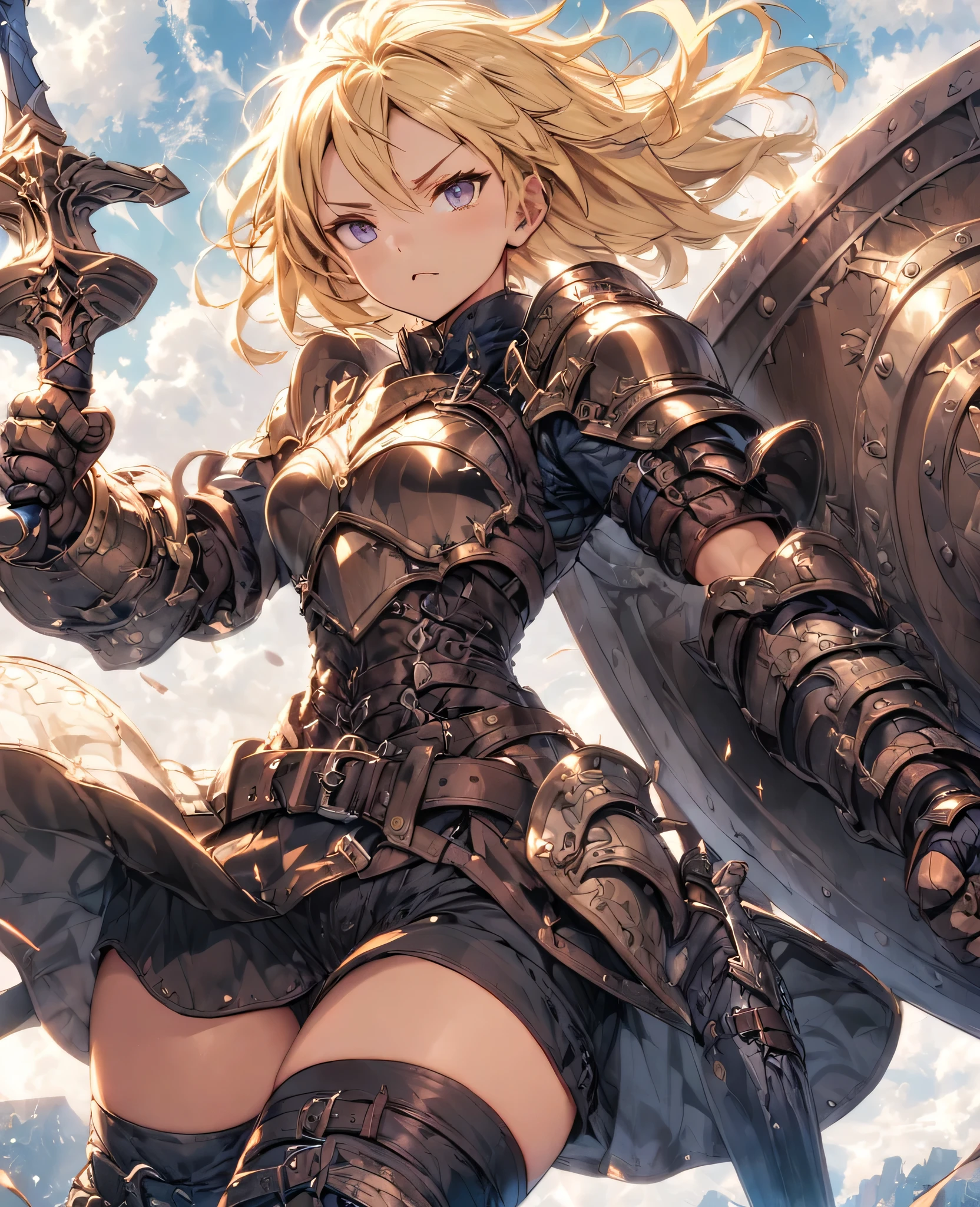 boyish　Berry Short　Slanted Eyes　Thighs　Blonde　Swordsman　Two-Way　Short Dagger　Metal armor　Giant Shield