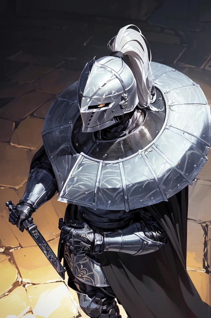 (masterpiece; best quality: 1.2), ((full armored knight man)), ((solo)), (black eyes: 1.4), (body; toned, lean, masculine: 1.3), (beautiful and clear background: 1.2), ((depth of field)), (equipment: full plate all-dark black-damascus realistic armor + closed helmet with ponytail + black cape: 1.3), (anime illustration: 1.2), (background composition; garden exterior + furniture: 1.1), (extremely fine and handsome: 1.1), (shot composition; standing + centered on torso + close-up: 1.5)