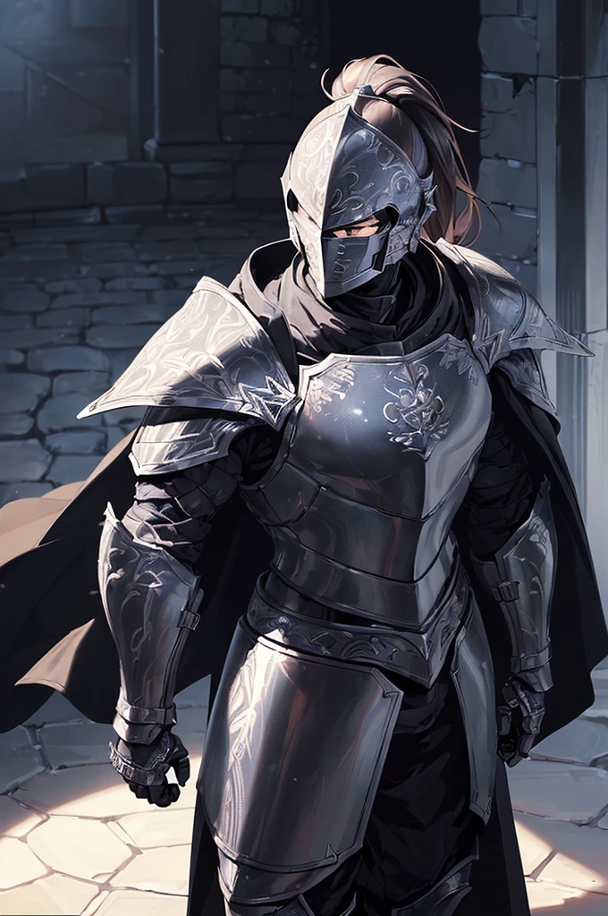 (masterpiece; best quality: 1.2), ((full armored knight man)), ((solo)), (black eyes: 1.4), (body; toned, lean, masculine: 1.3), (beautiful and clear background: 1.2), ((depth of field)), (equipment: full plate all-dark black-damascus realistic armor + closed helmet with ponytail + black cape: 1.3), (anime illustration: 1.2), (background composition; garden exterior + furniture: 1.1), (extremely fine and handsome: 1.1), (shot composition; standing + centered on torso + close-up: 1.5)
