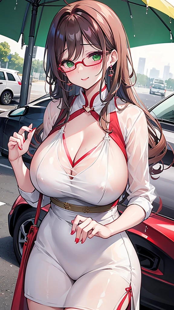 Wife 30 years old，Huge Breasts，Brown wavy hair，earrings，Smile，PARKING LOT，cloudy day，Sexy，noble，red glasses，green eyes，White sheer cheongsam，lipstick，Rain，Soaked all over，cleavage