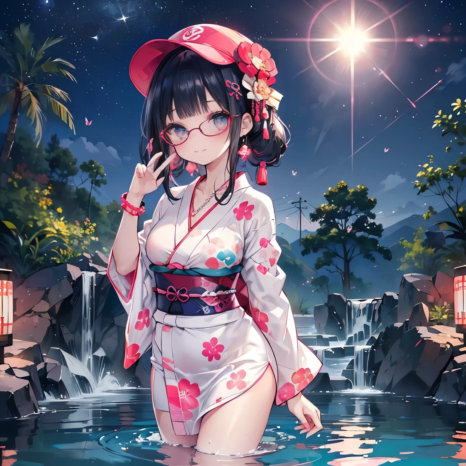 (elegant red pink baseball cap),
(wearing elegant pink frame glasses),
high angle,from above,cleavage,(beautiful pink and green butterflies and dragonflies all over the place),colorful flowers,fantasy beams and lights,
((masterpiece:1.4, best quality)), ((masterpiece, best quality)),((beautiful twin tail black hair,blunt bangs,beautiful cobalt blue eyes,little cute girl)),((sexy colorful japanese yukata mini dress)),full body, bathing in the water,(beautiful outside open spa),(water splash,lovely laugh), (Lace chalker, wristband, diamond necklace,earrings),cinematic lighting and pause,beautiful natural mysterious park,night sky,full moon,(beautiful pink and red butterflies and dragonflies all over the place),