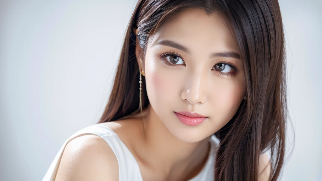 White cherry blossoms and a woman,(Detailed face),vivid,cute,A silky white dress with sleeveless top and turtleneck,4K ,Ultra-high resolution,(Photorealistic：1.7),((White background)),Long black hair,