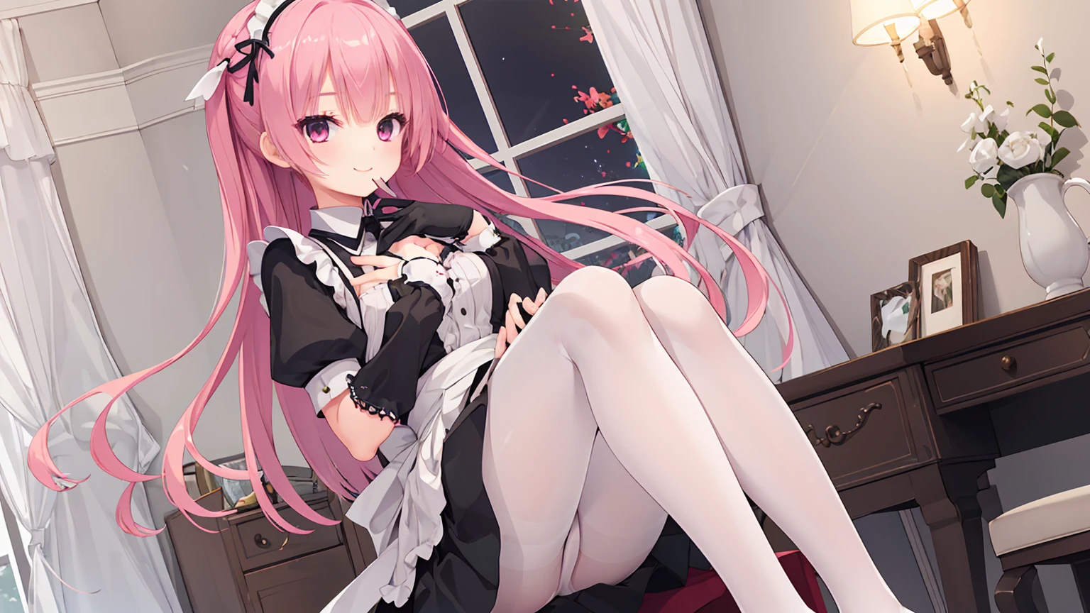 a girl，solo，Long pink hair，gentle，Smile，medium long hair，Distribute，black maid outfit，short skirt ，black gloves,night,digital punk, indoors，((White pantyhose))，white underwear，sansilinglai、character-centered