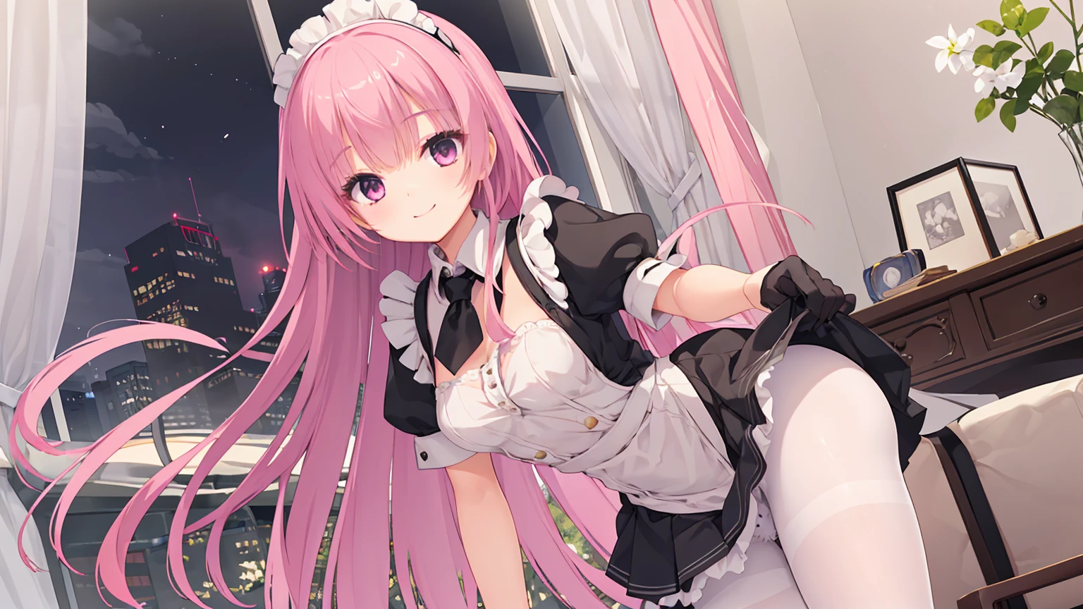 a girl，solo，Long pink hair，gentle，Smile，medium long hair，Distribute，black maid outfit，short skirt ，black gloves,night,digital punk, indoors，((White pantyhose))，white underwear，sansilinglai、character-centered