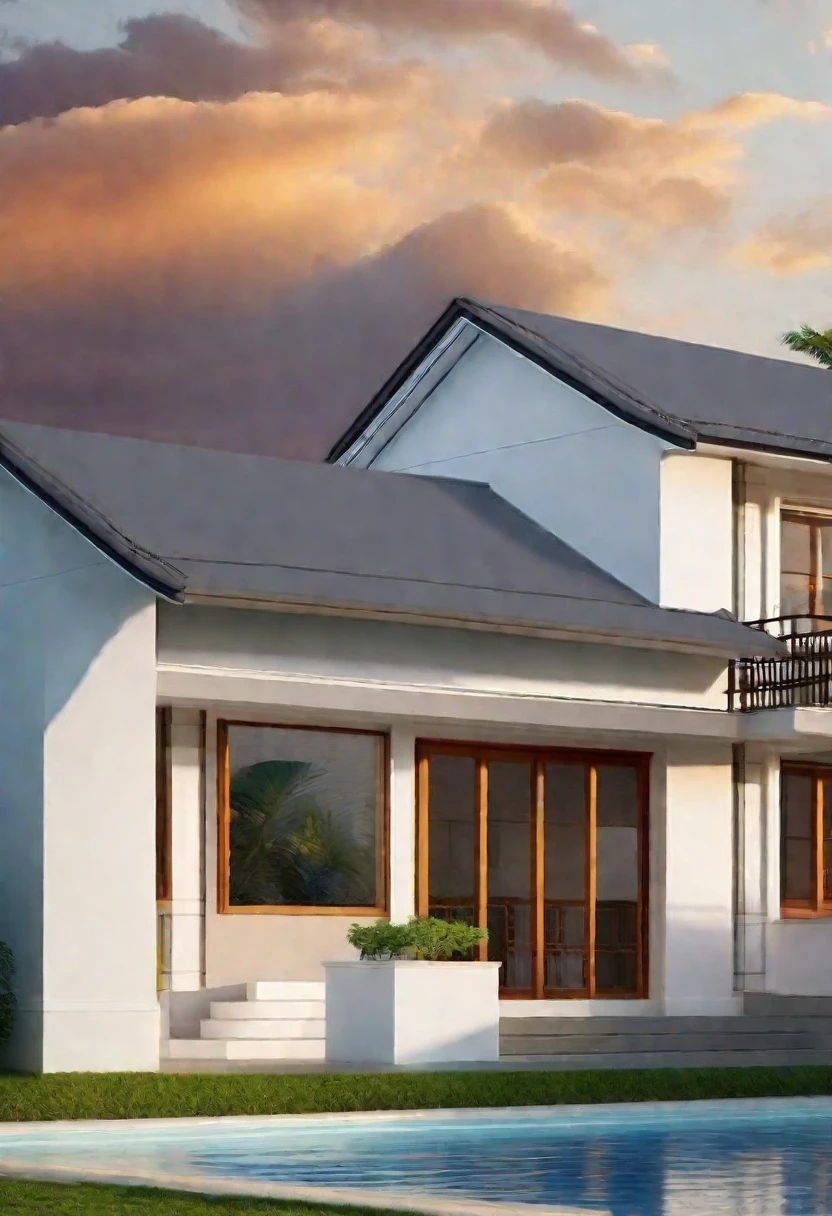 A chic 2-story home in Đà Lạt, capturing the crisp morning light. This modern abode showcases a blend of white paint, expansive glass, concrete, and wooden accents, surrounded by greenery and stone details. Crafted by Võ Trọng Nghĩa, the house emanates a serene and elegant ambiance, perfectly fitting its scenic location