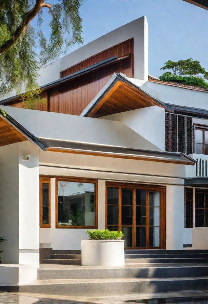 A chic 2-story home in Đà Lạt, capturing the crisp morning light. This modern abode showcases a blend of white paint, expansive glass, concrete, and wooden accents, surrounded by greenery and stone details. Crafted by Võ Trọng Nghĩa, the house emanates a serene and elegant ambiance, perfectly fitting its scenic location