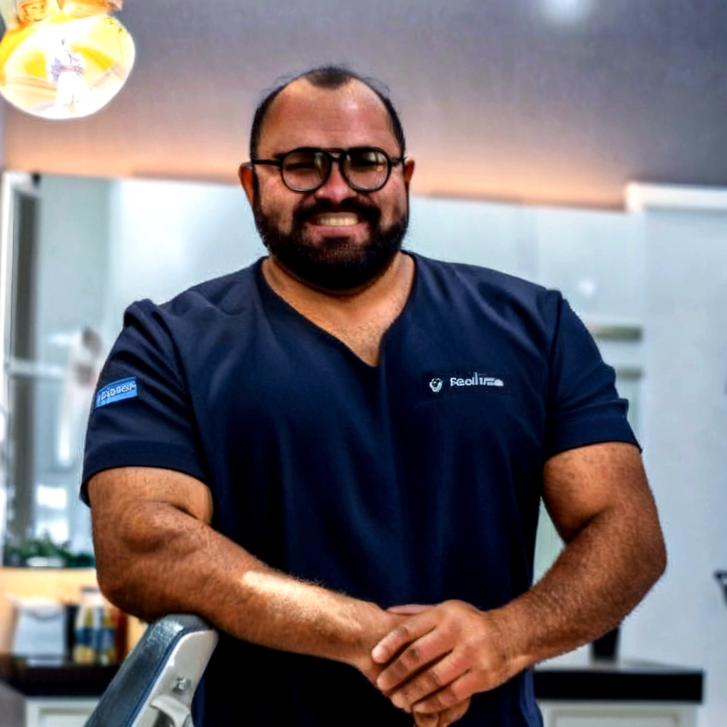 Arafed man in a blue shirt standing in a kitchen with a light on., dentist, commercial photography, reddit mail, profile picture, and two saints, In the background, instagram mail, mail, Daniel Mirante, David Rios Ferreira, profile picture, professional photo, gives life, Roch's address, Professional image, Josh Grover, pablo davey