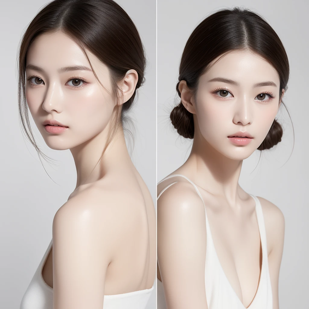 Featuring confident and radiant women、AI-generated art inspired by Korean cosmetics ads。Displayed up to chest level、Her perfect skin、Vivid makeup、Pay attention to trendy hairstyles、Capturing the Essence of K-Beauty。Isolated on a natural white background、Reflecting beauty and fashion trends、Arafed Asian Woman, Looking at me from an angle、Photo shoot for a skincare brand, Milky skin, Shiny and soft skin, Cleanse the skin of the face and body, Shiny skin, Fan art, EUR, Fizzy skin, Beauty Campaign, Official product photos, Portrait Shot, Yanjun Chen, Beautiful face in white tones, Ether Skin
