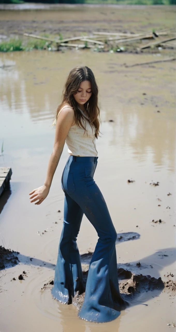 70s setting, film photo of girl in [muddy, dirty]  worn-out high waisted flare leggings pants and blouse drowning in bog, flares