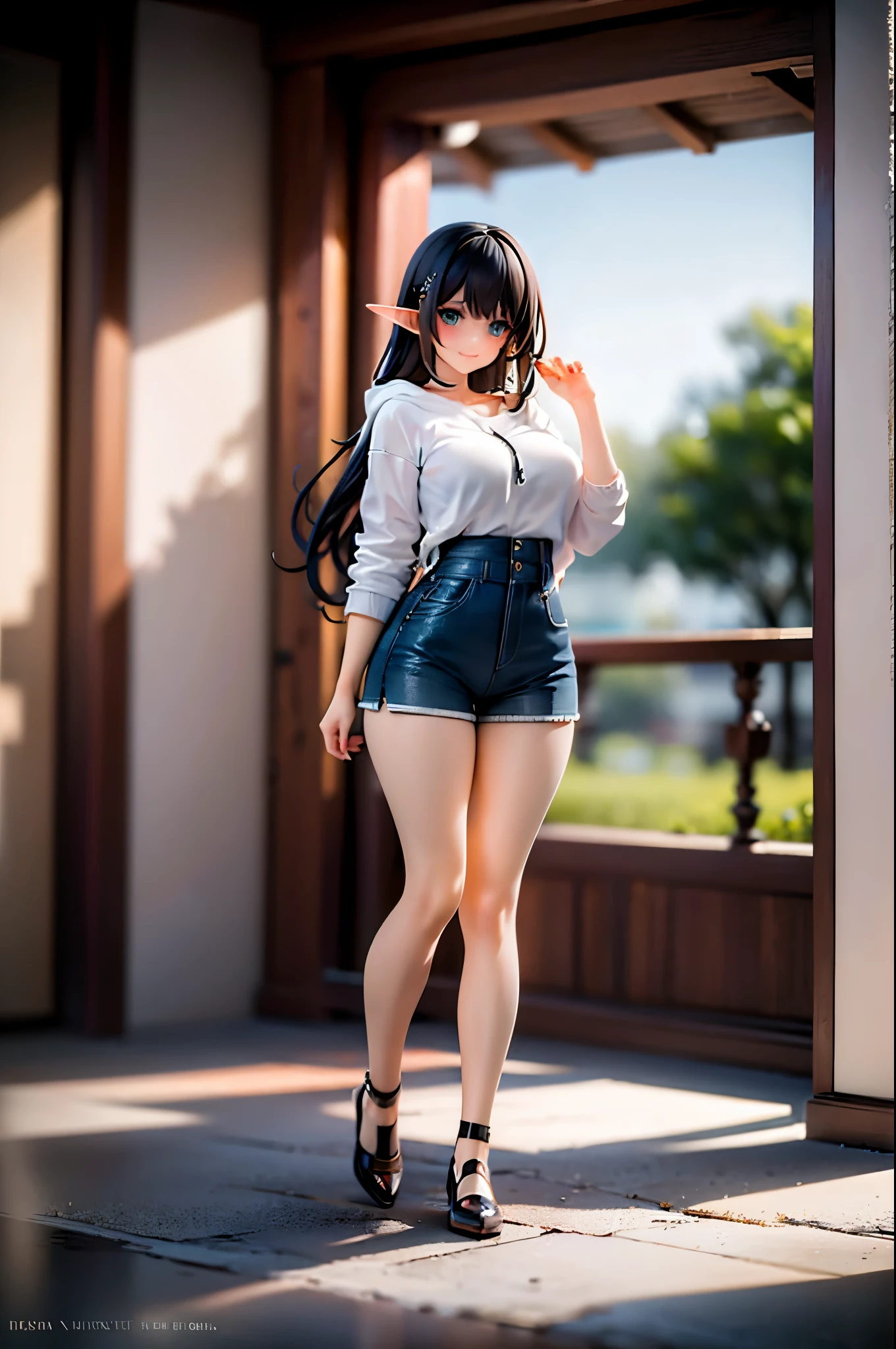 realistic image, detailed image, coherent image, 1 elf, has very long hair, black hair, turquoise eyes, smiling, showing her legs, She has a curvy body, medium and thick thighs, she is wearing a hoodie, mini denim shorts, mid-thigh stockings, garter belts, She is posing sensually, arching her back, sprouting buttockbody view, falling flower petals, background surrounded by flowers, soft focus, dramatic shadows, lighting volumetric, natural lighting, artificial lighting, white background
