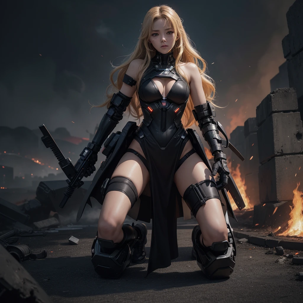 Ultra-high resolution masterpiece, A symbol of the highest quality digital art. This image focuses on a female cyborg, On his knees in despair amid the smoke and flames of the battlefield. Her wavy blonde hair cascades down to her shoulders, 彼女の黒いラテックスのボディsuitとメタリックな手足とのコントラストが鮮やかだ. suit, Torn apart by the chaos of battle、It's worn out, A glimpse of her torn and bruised flesh.
Monochrome background, Charcoal grey and ash blend, Emphasise the cyborg's haggard and disfigured appearance. The voluminous lighting highlights her metallic body parts., Long Cast, Dramatic Shadows