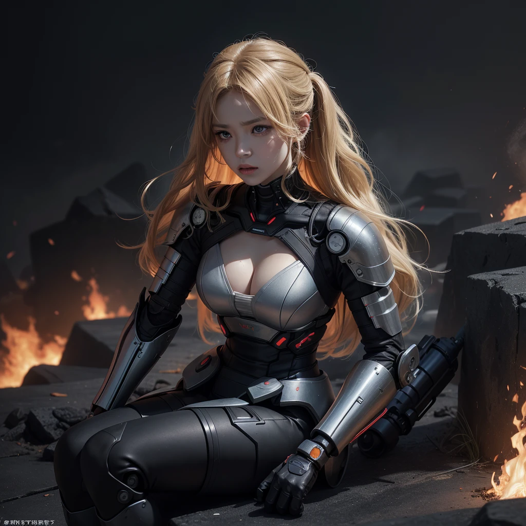 Ultra-high resolution masterpiece, A symbol of the highest quality digital art. This image focuses on a female cyborg, On his knees in despair amid the smoke and flames of the battlefield. Her wavy blonde hair cascades down to her shoulders, 彼女の黒いラテックスのボディsuitとメタリックな手足とのコントラストが鮮やかだ. suit, Torn apart by the chaos of battle、It&#39;s worn out, A glimpse of her torn and bruised flesh.

Monochrome background, Charcoal grey and ash blend, Emphasise the cyborg&#39;s haggard and disfigured appearance. The voluminous lighting highlights her metallic body parts., Long Cast, Dramatic Shadows