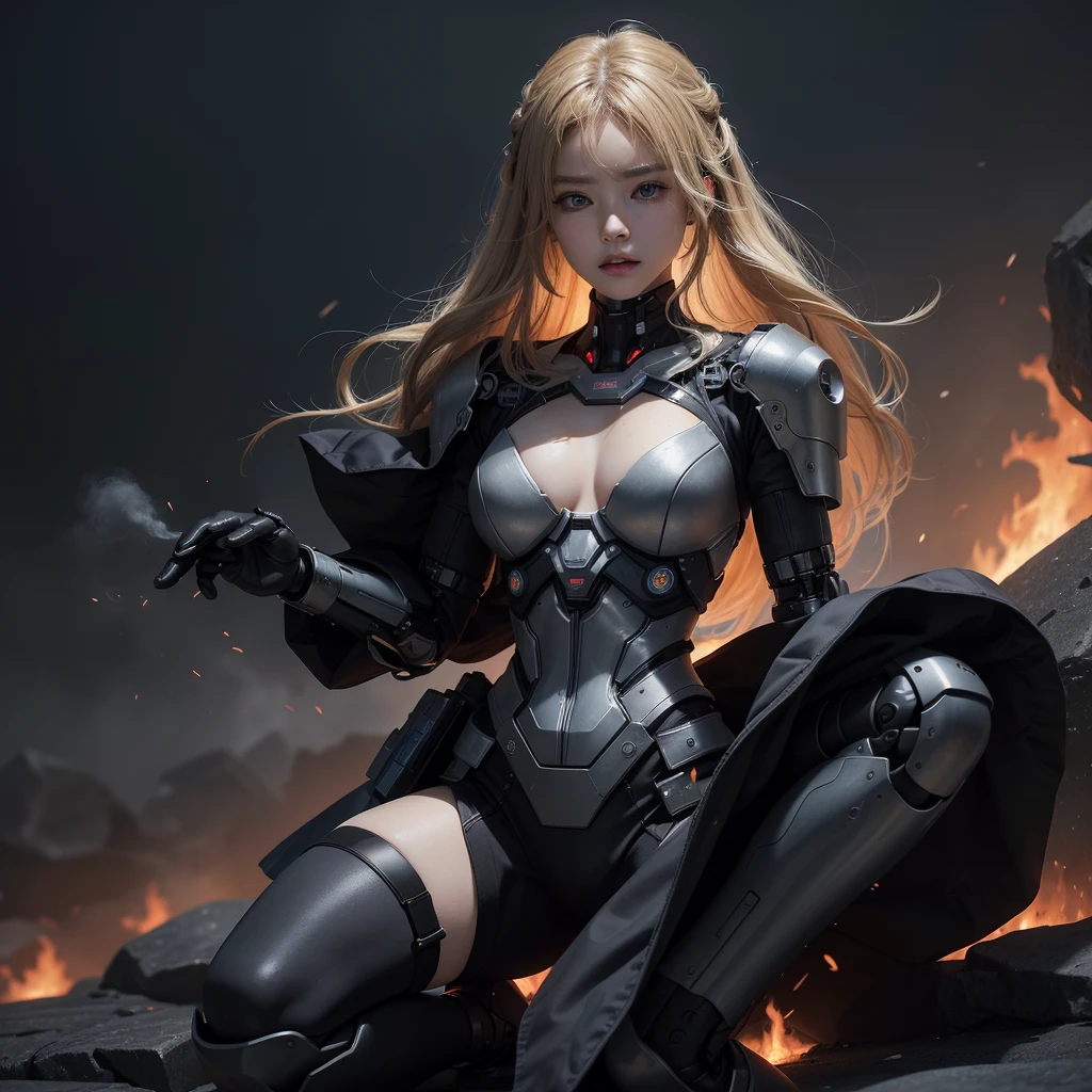 Ultra-high resolution masterpiece, A symbol of the highest quality digital art. This image focuses on a female cyborg, On his knees in despair amid the smoke and flames of the battlefield. Her wavy blonde hair cascades down to her shoulders, 彼女の黒いラテックスのボディsuitとメタリックな手足とのコントラストが鮮やかだ. suit, Torn apart by the chaos of battle、It's worn out, A glimpse of her torn and bruised flesh.
Monochrome background, Charcoal grey and ash blend, Emphasise the cyborg's haggard and disfigured appearance. The voluminous lighting highlights her metallic body parts., Long Cast, Dramatic Shadows