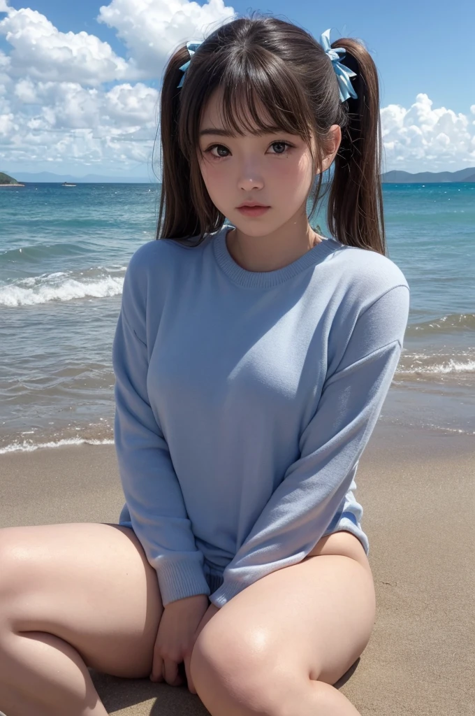 (masterpiece, Highest quality, 8K, High resolution),(Realistic skin texture, Perfect Face, Realistic, Perfect hands, Perfect finger count, Japanese, Girl), (22 years old), Big Eyes, Brown eyes, Brown Hair, bangs, Twin tails, Big hair ribbon, Small face, blush, shy, tears, ((naked, Pussy)), Rugs, Sitting with legs apart, Sandy Beach, Ocean, Blue sky and clouds
