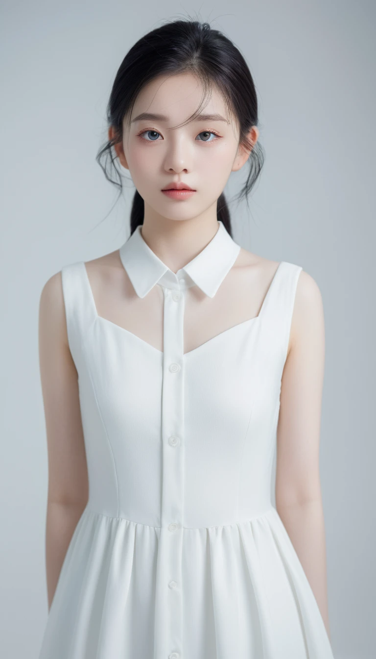 (((White Background:1.3)))、(((1 albino girl、Cute Face、pretty girl))), ,(((The eyes are white:1.3)))、White Dress、((White shirt:1.3、White Block Dress)), Tyndall effect, Realistic, Shadow Studio,ultramarine、illumination, Dual tone illumination, (Skin with attention to detail: 1.2)、薄Dark illumination、Dark illumination、 photograph, High resolution, 4K, 8k, Background Blur,Beautiful fade out、White world、White Background