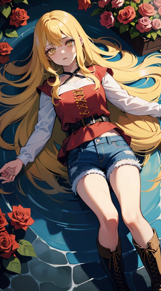 Boy dying, with blood, Long yellow hair, yellow eyes, self-injury skin, loose blouse, striped blouse, denim shorts, buckled boots, Red boots, Bermuda blue jeans, Dead, lying on top of the water surrounded by roses. ((Obra de Arte)), ((super detalhado)), ((anime))