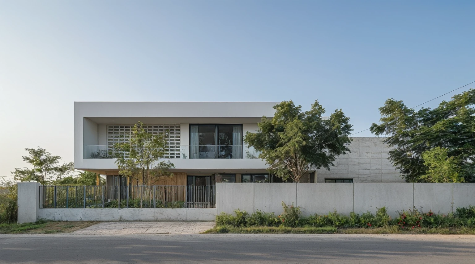 Raw photo,Masterpiece, high quality, best quality, authentic, super detail,
exterior, outdoors,Tuonghoagio,house, modern stytle, on the street,wind flower wall, glass windows, white wall,gate, metal railing
road,pavement, grass, trees, sky, (day:1.1)