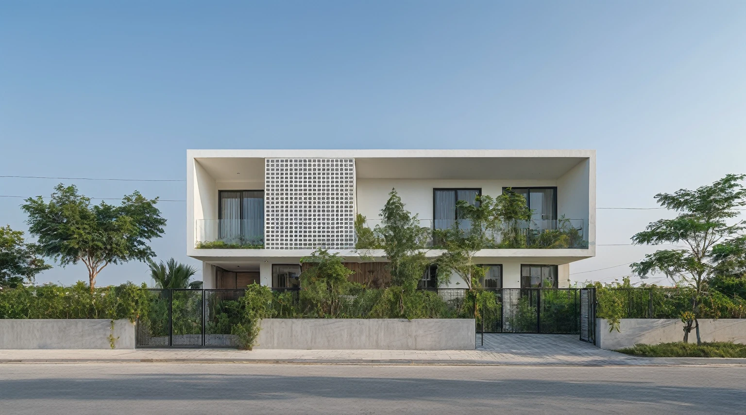 Raw photo,Masterpiece, high quality, best quality, authentic, super detail,
exterior, outdoors,Tuonghoagio,house, modern stytle, on the street,wind flower wall, glass windows, white wall,gate, metal railing
road,pavement, grass, trees, sky, (day:1.1)