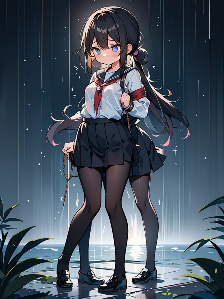 Correct human body structure,perfect,Black ponytail,Black pantyhose,((two cute girls)),Full body pictures,Heavy rain,lakeside,night,Flashlight illuminates two people,rope bondage,Short skirt,wet clothes,school uniform
