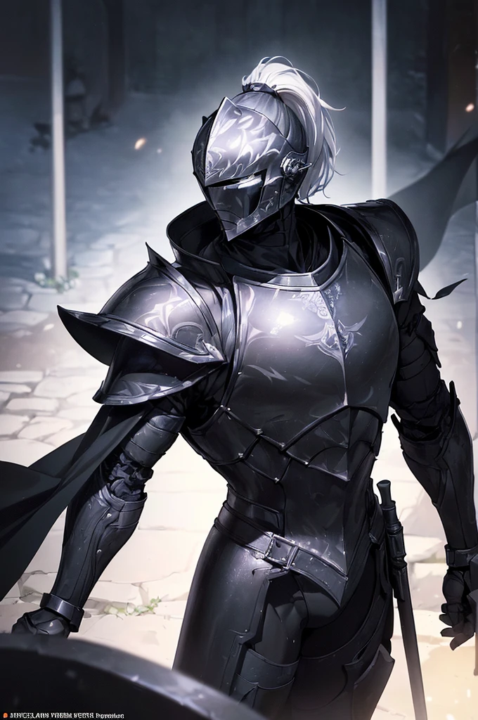 (masterpiece; best quality: 1.2), ((full armored knight man)), ((solo)), (black eyes: 1.4), (body; toned, lean, masculine: 1.3), (beautiful and clear background: 1.2), ((depth of field)), (equipment: full plate all-dark black-damascus realistic armor + closed helmet with ponytail + black cape: 1.3), (anime illustration: 1.2), (background composition; garden exterior + furniture: 1.1), (extremely fine and handsome: 1.1), (shot composition; standing + centered on torso + close-up: 1.5)