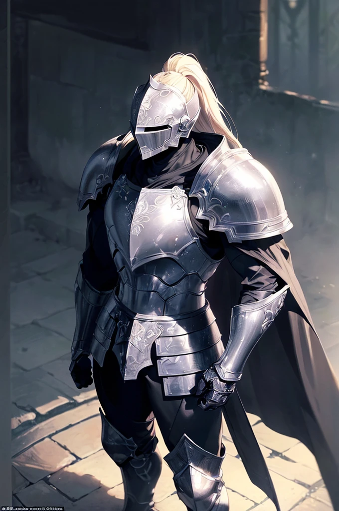(masterpiece; best quality: 1.2), ((full armored knight man)), ((solo)), (black eyes: 1.4), (body; toned, lean, masculine: 1.3), (beautiful and clear background: 1.2), ((depth of field)), (equipment: full plate all-dark black-damascus realistic armor + closed helmet with ponytail + black cape: 1.3), (anime illustration: 1.2), (background composition; garden exterior + furniture: 1.1), (extremely fine and handsome: 1.1), (shot composition; standing + centered on torso + close-up: 1.5)