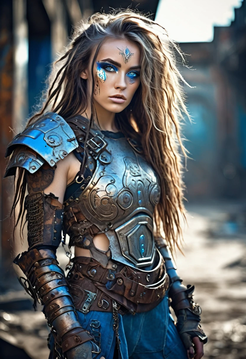 detailed photo of a beautiful futuristic warrior in a dystopian city, tattered clothing with rusty metal armor plates, long wild hair, tattooed arms and body, fashion pose, blue eyes with round iris, face detailed, apocalyptic atmosphere, natural body pose, Professional photographer, shot with a professional SLR camera, professional fantasy artists, professional artists of rococo and baroque background, art station professional artists