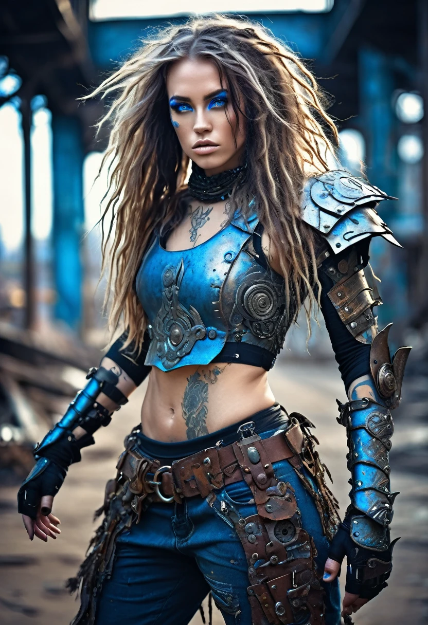 detailed photo of a beautiful futuristic warrior in a dystopian city, tattered clothing with rusty metal armor plates, long wild hair, tattooed arms and body, fashion pose, blue eyes with round iris, face detailed, apocalyptic atmosphere, natural body pose, Professional photographer, shot with a professional SLR camera, professional fantasy artists, professional artists of rococo and baroque background, art station professional artists