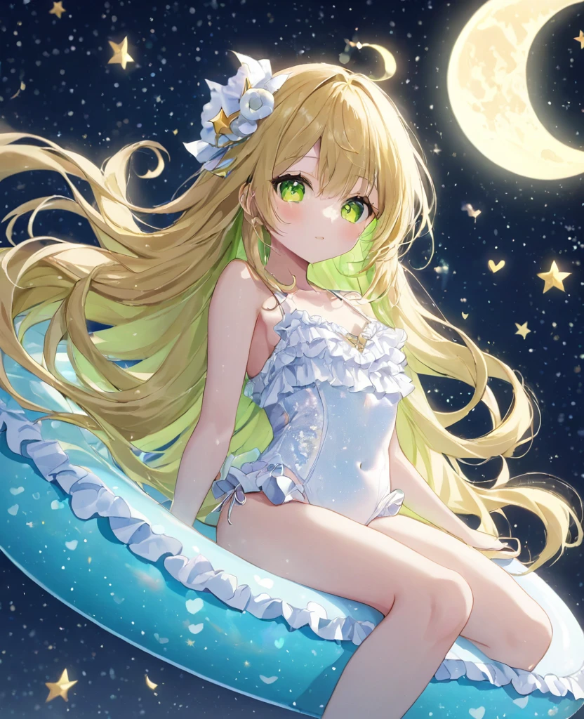 (masterpiece, best quality:1.2), (absurdres, highres, ultra-detailed), (perfect anatomy),
Beautiful woman、Night Pool、Riding on a cute float、Blonde、Fluffy longhair、Yellow-green eyes、Background glitter、night、Crescent Moon、heart、White frilly swimsuit
(8K, RAW photo:1.2),detailed face and eyes,intricate detail ,masterpiece ,sharp focus, high quality,BREAK,rating: general, newest