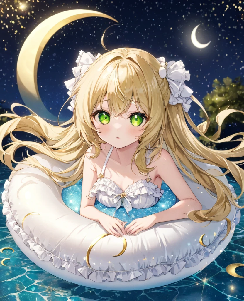 (masterpiece, best quality:1.2), (absurdres, highres, ultra-detailed), (perfect anatomy),
Beautiful woman、Night Pool、Riding on a cute float、Blonde、Fluffy longhair、Yellow-green eyes、Background glitter、night、Crescent Moon、heart、White frilly swimsuit
(8K, RAW photo:1.2),detailed face and eyes,intricate detail ,masterpiece ,sharp focus, high quality,BREAK,rating: general, newest