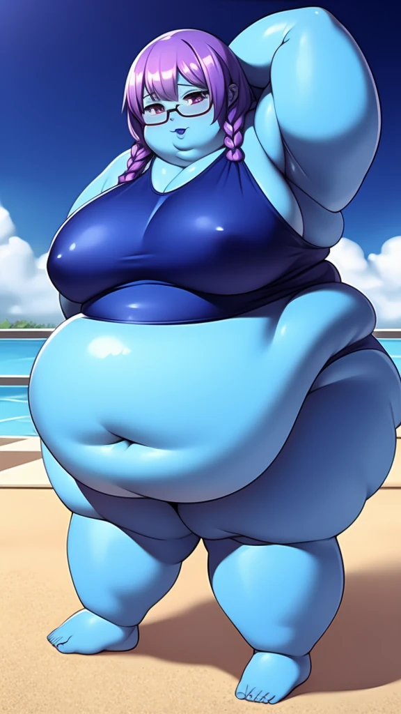 Anime Women, Lady、Forehead、Long braids down to the waist、Purple Hair、Glasses、Sharp eyes、Purple lips、Cobalt blue body、Cobalt blue skin、Cobalt blue face、Are fat、Chubby、obesity、Double chin、cheek、Thick neck、Big Breasts、Saggy breasts、Thick upper arms、Thick arms、thick fingers、Fat belly、Flabby belly、Flabby bellyの脂肪、Thick legs、Big Ass、Swimwear、競泳Swimwear、Swimming cap、Hairy、sweated profusely、Gloss、Pool