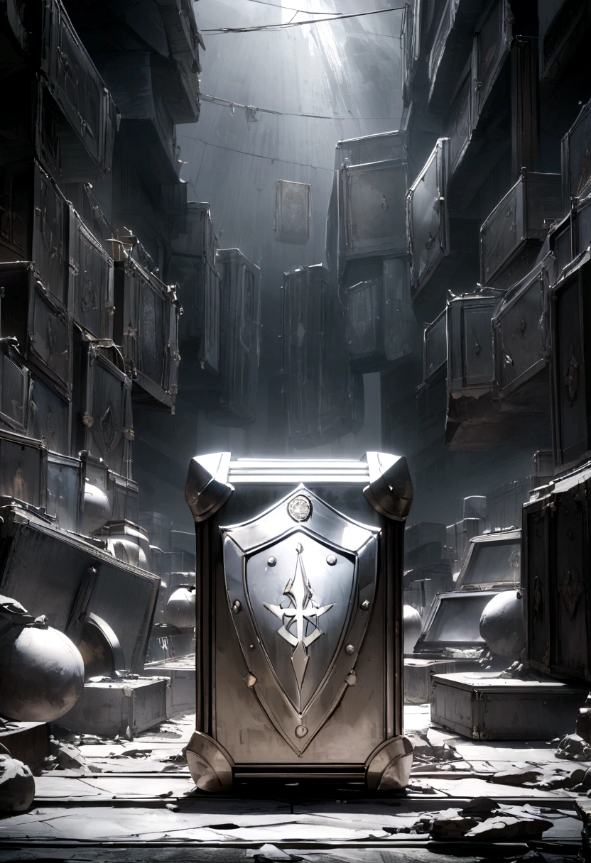 Create a logo with the name SILVER BOX inside a very large silver box in the middle of the screen with a shield and sword symbol around it
