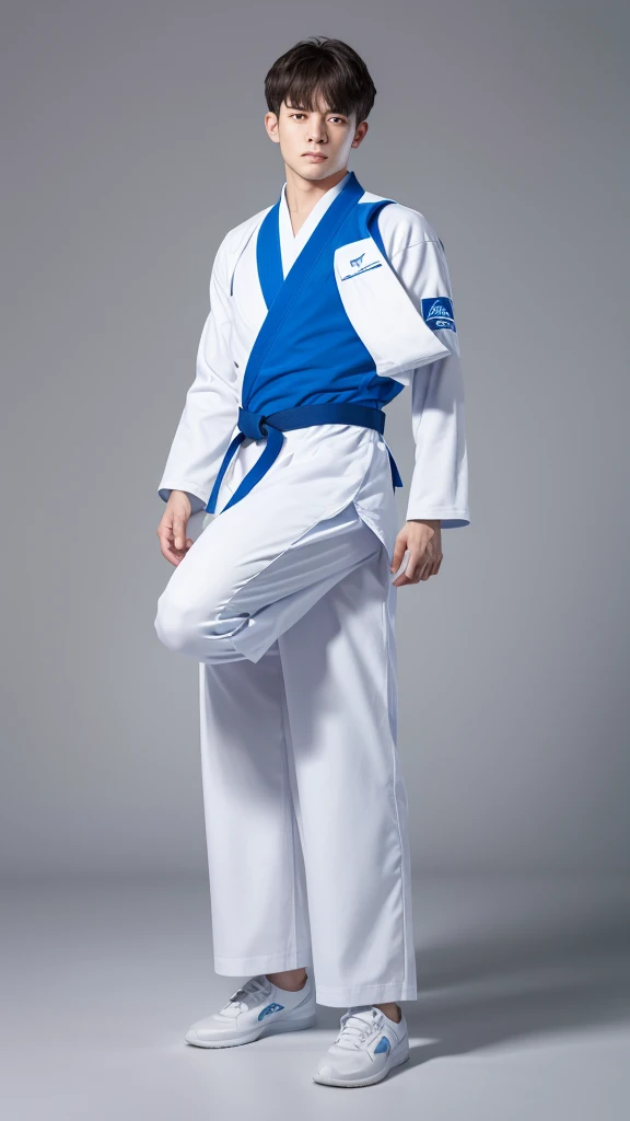“A unique and dynamic depiction of a white cat wearing a blue judo uniform standing in a human-like posture with feet shoulder-width apart and arms down, high-definition, 8K image, background with a grey gradient.”