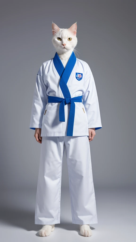 “A unique and dynamic depiction of a white cat wearing a blue judo uniform standing in a human-like posture with feet shoulder-width apart and arms down, high-definition, 8K image, background with a grey gradient.”