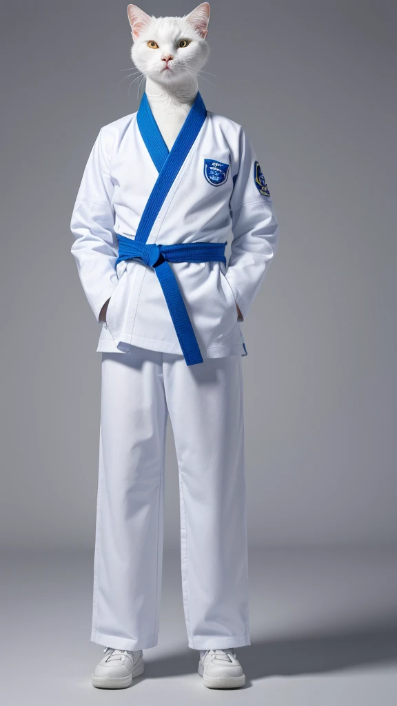 “A unique and dynamic depiction of a white cat wearing a blue judo uniform standing in a human-like posture with feet shoulder-width apart and arms down, high-definition, 8K image, background with a grey gradient.”