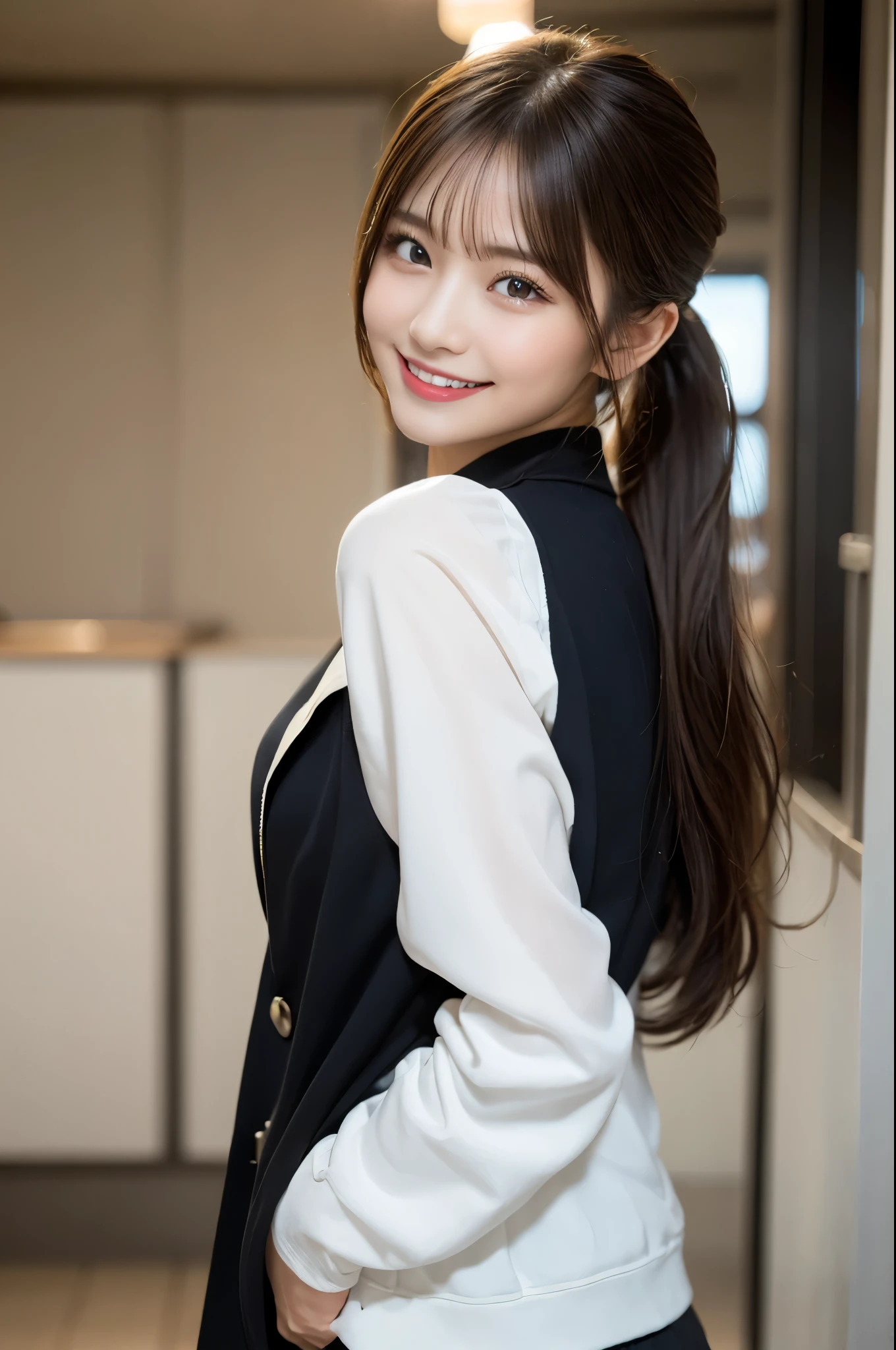 Tabletop, Highest quality, shape, Very detailed, finely, High resolution, 8k wallpaper, 完璧なダイナミックな構shape, Beautiful and detailed, Down jacket,ponytail,Small breasts Natural color Lips, Bold sexy pose,smile、20-year-old girl、cute、sexy shot looking at camera,RAW Photos,Perfect and beautiful face,Beautiful and elaborate face、Using your whole body、Strike a pose that expresses happiness..。
