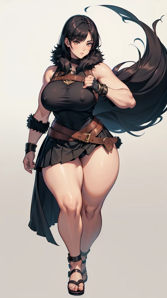 (masterpiece), best quality, female warrior, dark fantasy, huge girl, female muscular:1.2, straight hair, black hair, curvy, ((thick thighs:1.4)), (((blank background))), ((full body)), fingerless gloves, sandals, sleeveless, covered nipples, (straight hair), (fur leather skirt), (fur top) , leather armor
